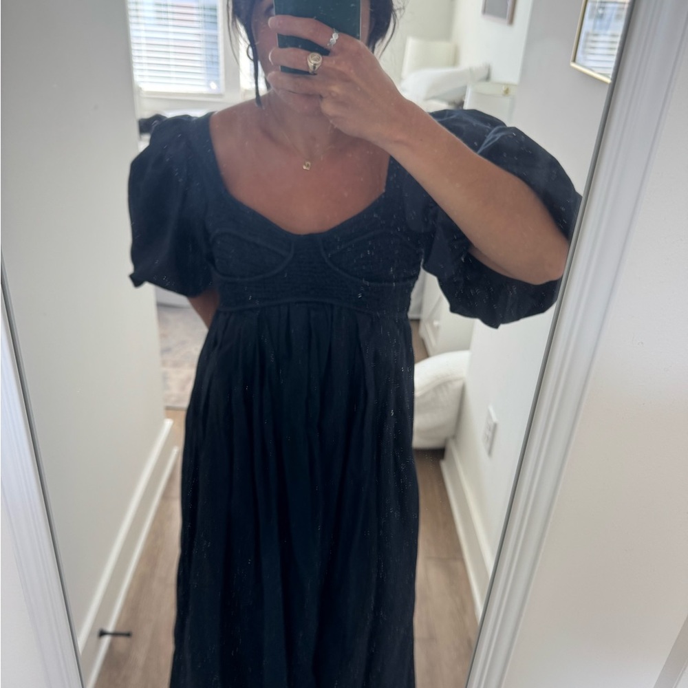 Elegant Navy Puff Sleeve Maxi Dress
